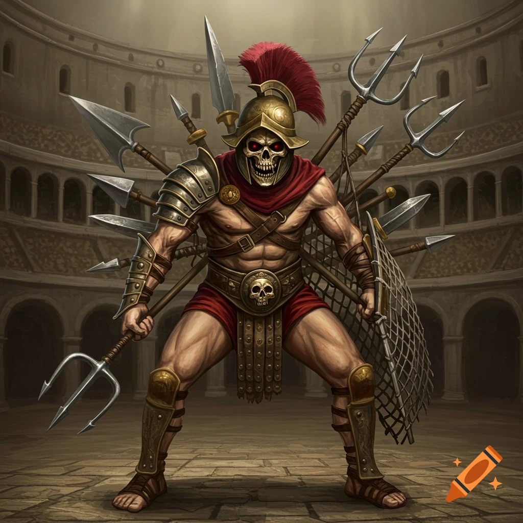 A dark fantasy gladiator with a skull mask, red glowing eyes, helmet, and armor, holding a trident and net in a Roman coliseum.