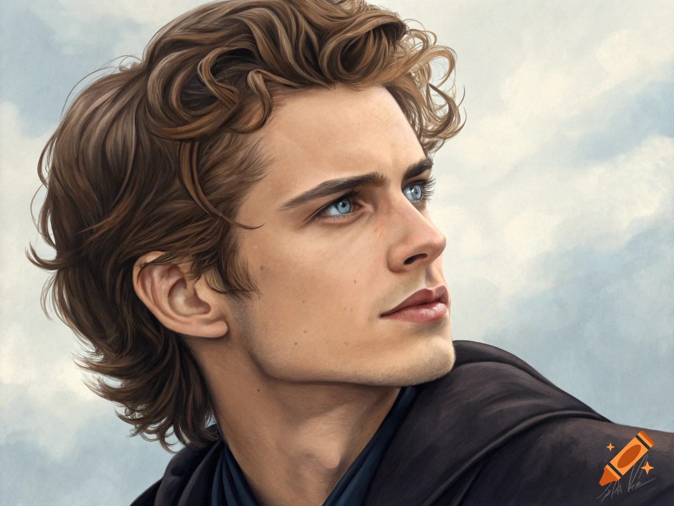 A detailed portrait painting of a young Hayden Christensen with curly brown hair and blue eyes, looking up against a cloudy sky.