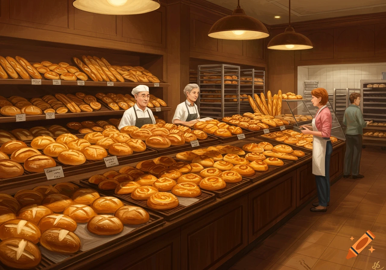 An illustrated bakery scene with bakers and customers, featuring shelves full of fresh bread and pastries.