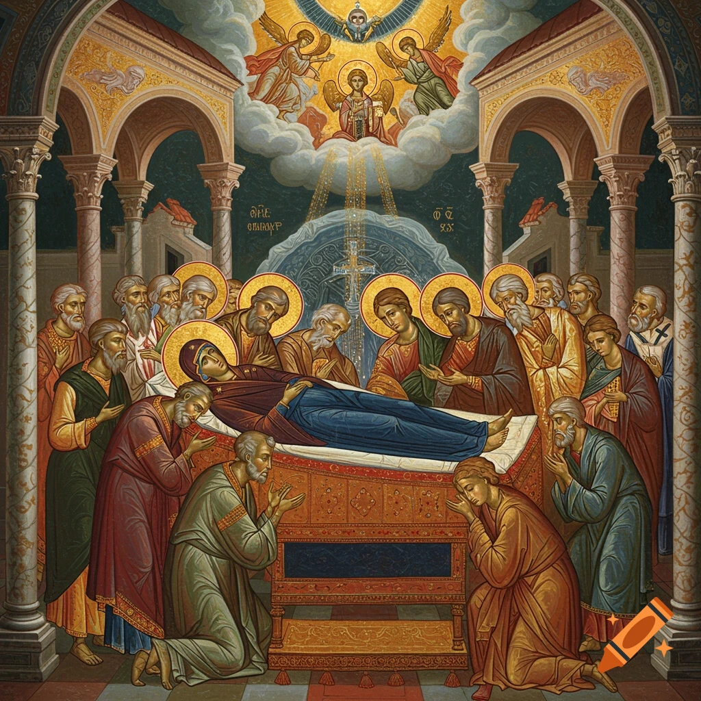 An Orthodox icon depicting the Dormition of the Theotokos, with Mary on a bier, surrounded by apostles and celestial figures above.