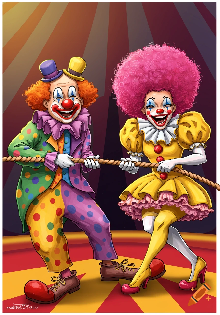Two cartoon clowns, a male and a female, in colorful outfits, playing tug-of-war in a circus ring.