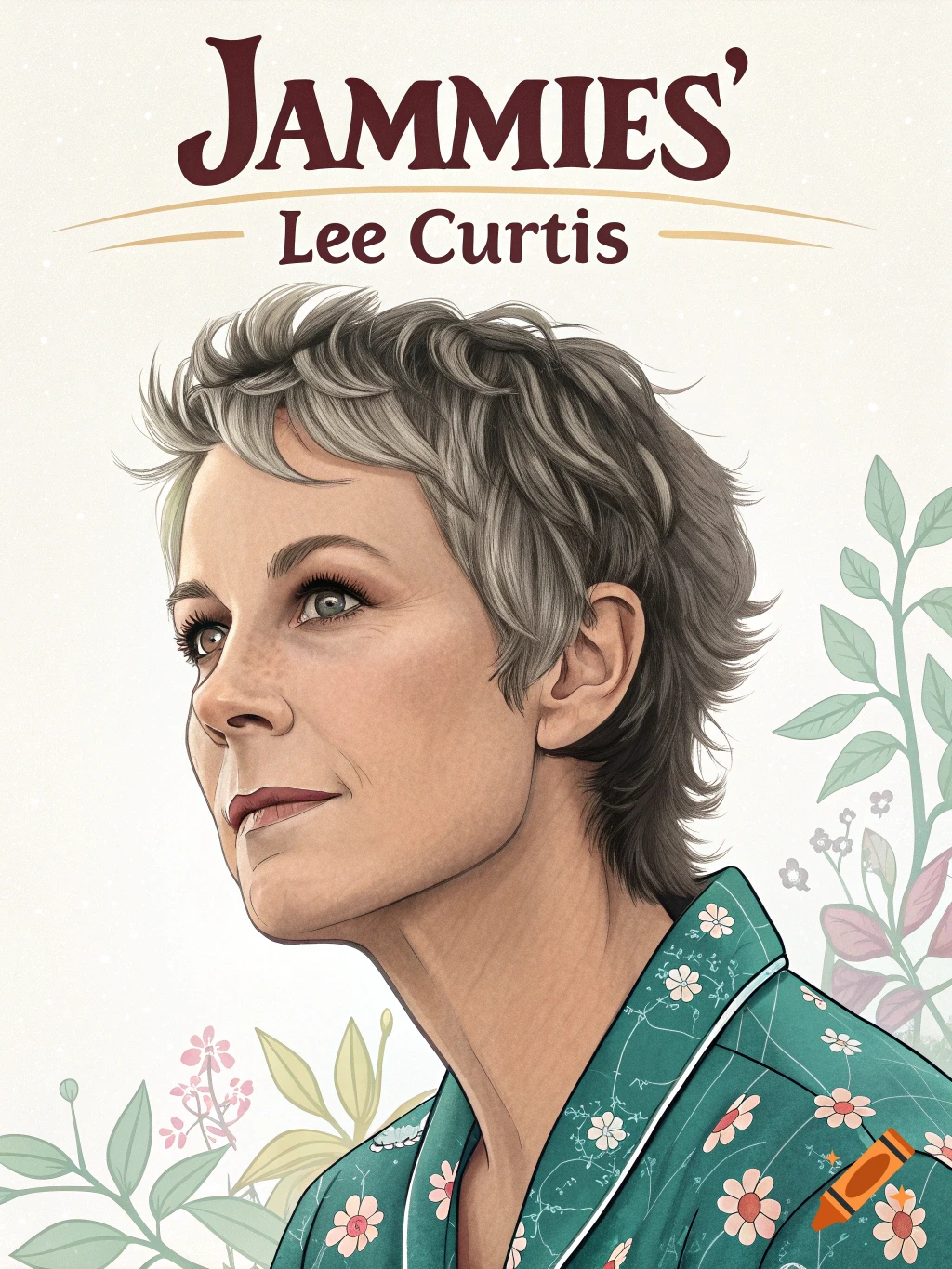 Stylized portrait illustration of Jamie Lee Curtis looking left, with short gray hair, wearing green floral pajamas. Text above reads "JAMMIES' Lee Curtis."