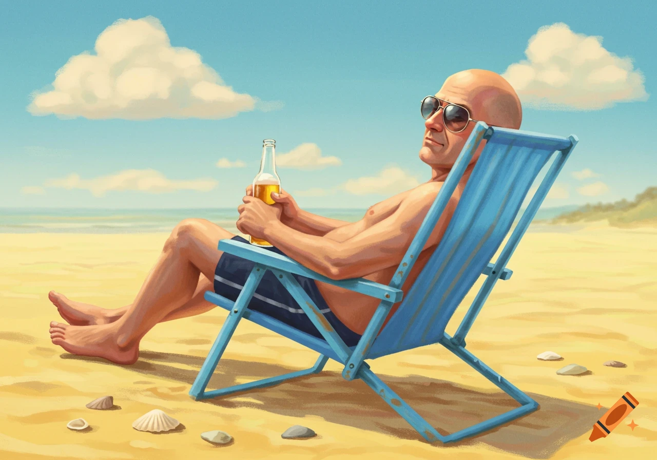 A bald man with sunglasses sits on a blue beach chair, holding a beer on a sunny sandy beach, in an illustration style.