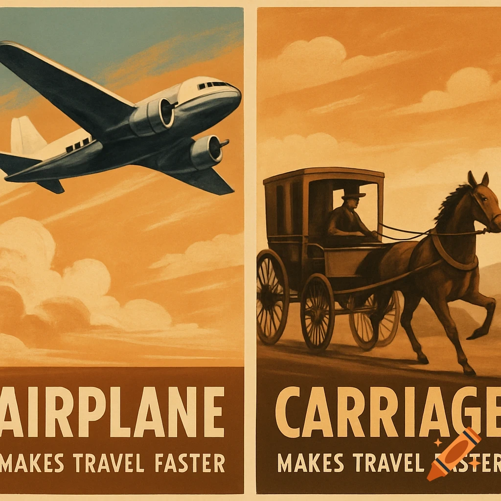 Two vintage travel posters side-by-side: a plane with 'AIRPLANE MAKES TRAVEL FASTER' and a horse-drawn carriage with 'CARRIAGE MAKES TRAVEL FASTER'.