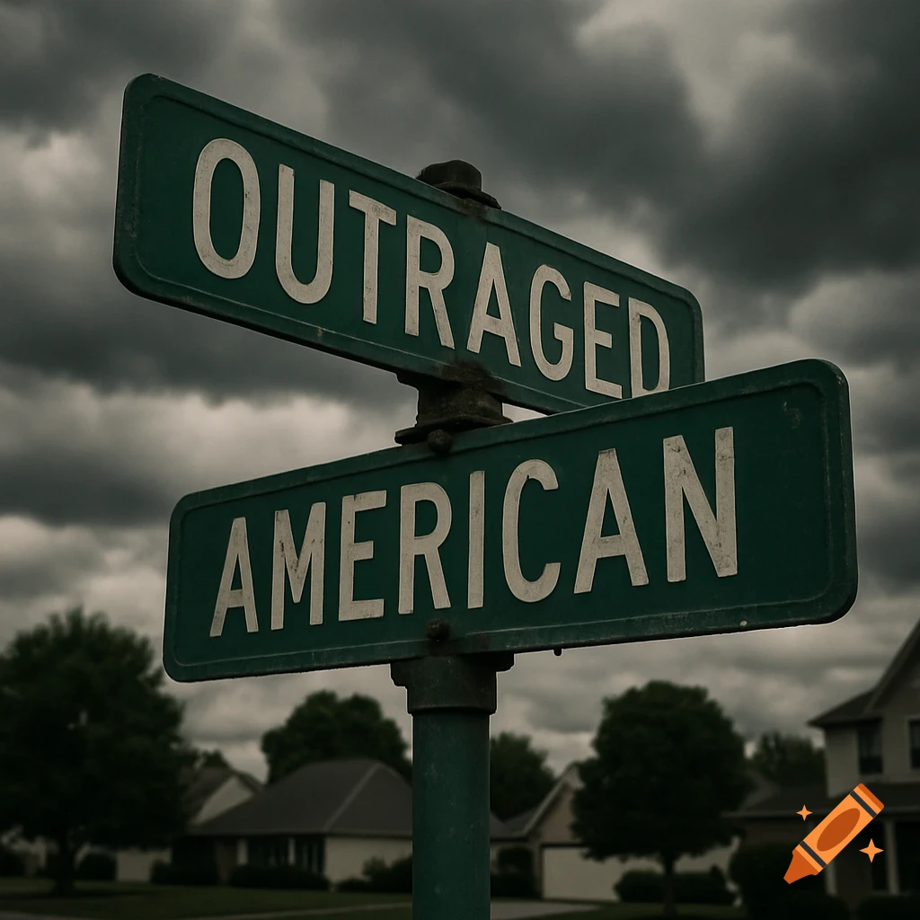 A close-up of two green street signs reading 'OUTRAGED' and 'AMERICAN' against a dark, cloudy sky in a suburban neighborhood.