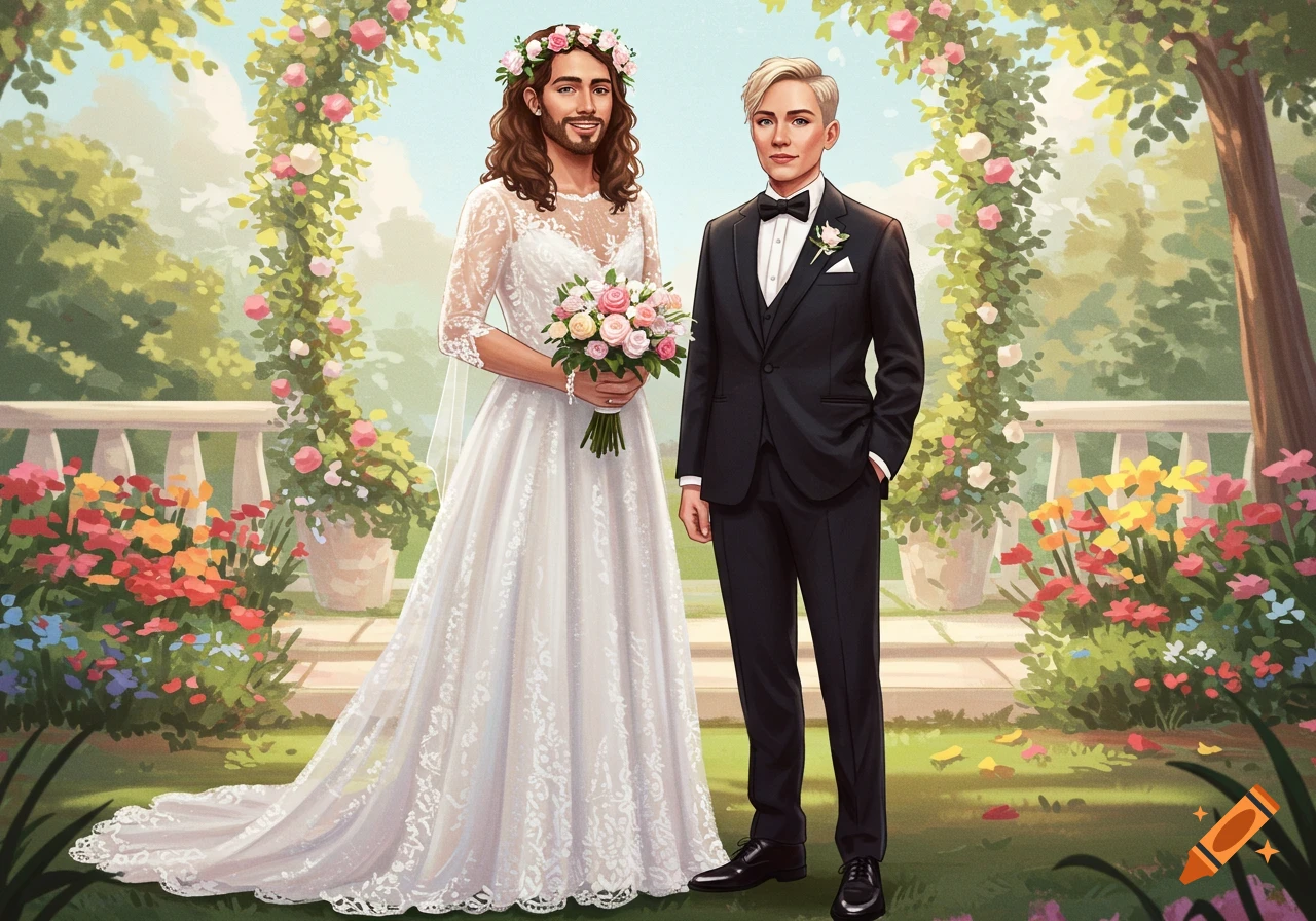An illustration of a person with a beard in a wedding dress holding a bouquet and a person in a tuxedo standing in a garden with floral arches.