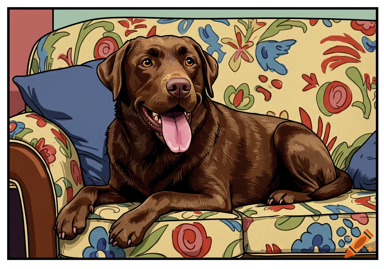 A comical pop art illustration of a chocolate Labrador retriever dog lounging on a floral patterned couch with a blue pillow.