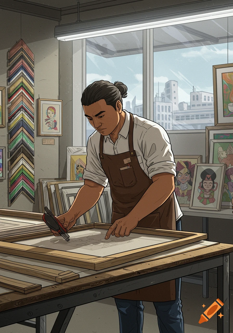 A man with a top knot wearing an apron works on framing a piece of art in a workshop, in the style of Yoji Shinkawa.