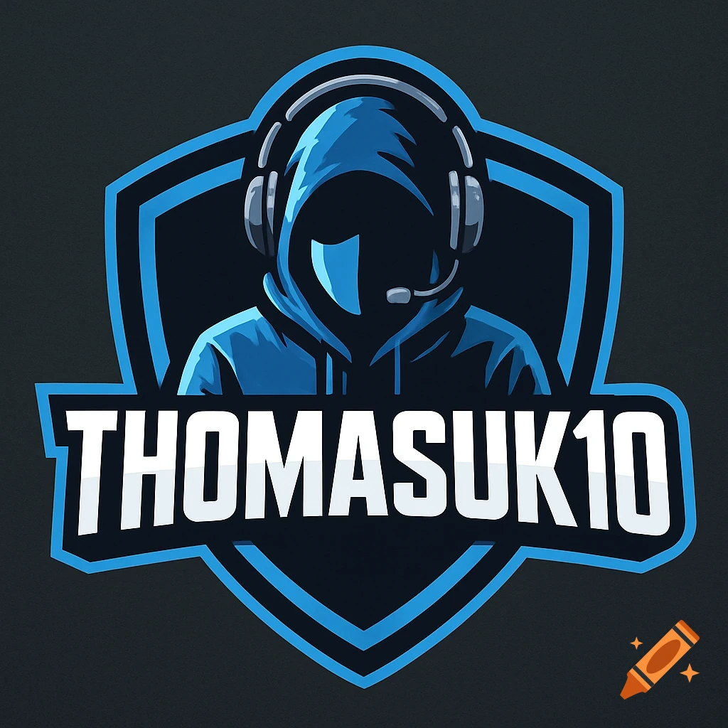 Gaming logo with a hooded figure in headphones and microphone, inside a blue and black shield, with text THOMASUK10.