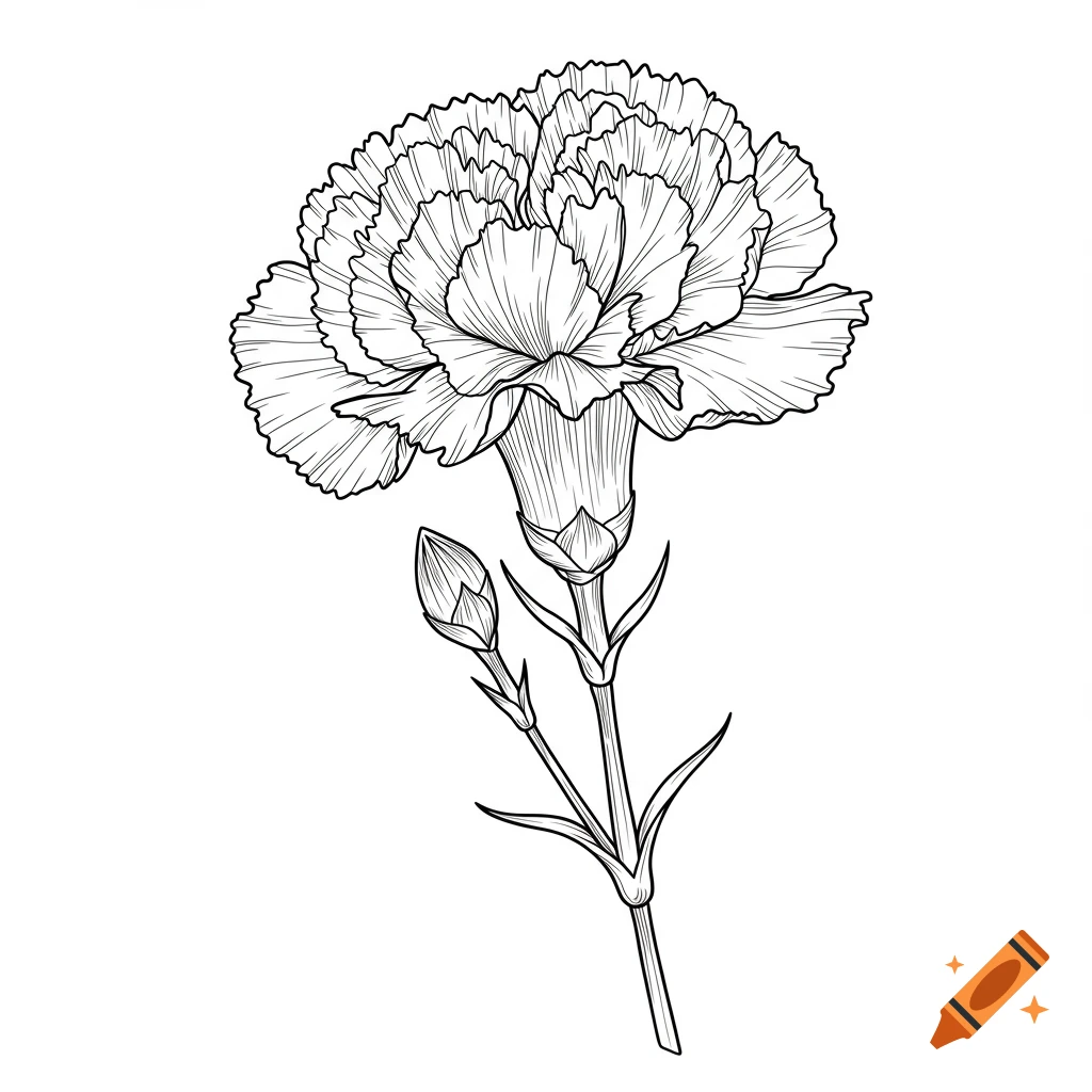 Black and white line art drawing of a carnation flower with a bud, in a botanical illustration and coloring book style.