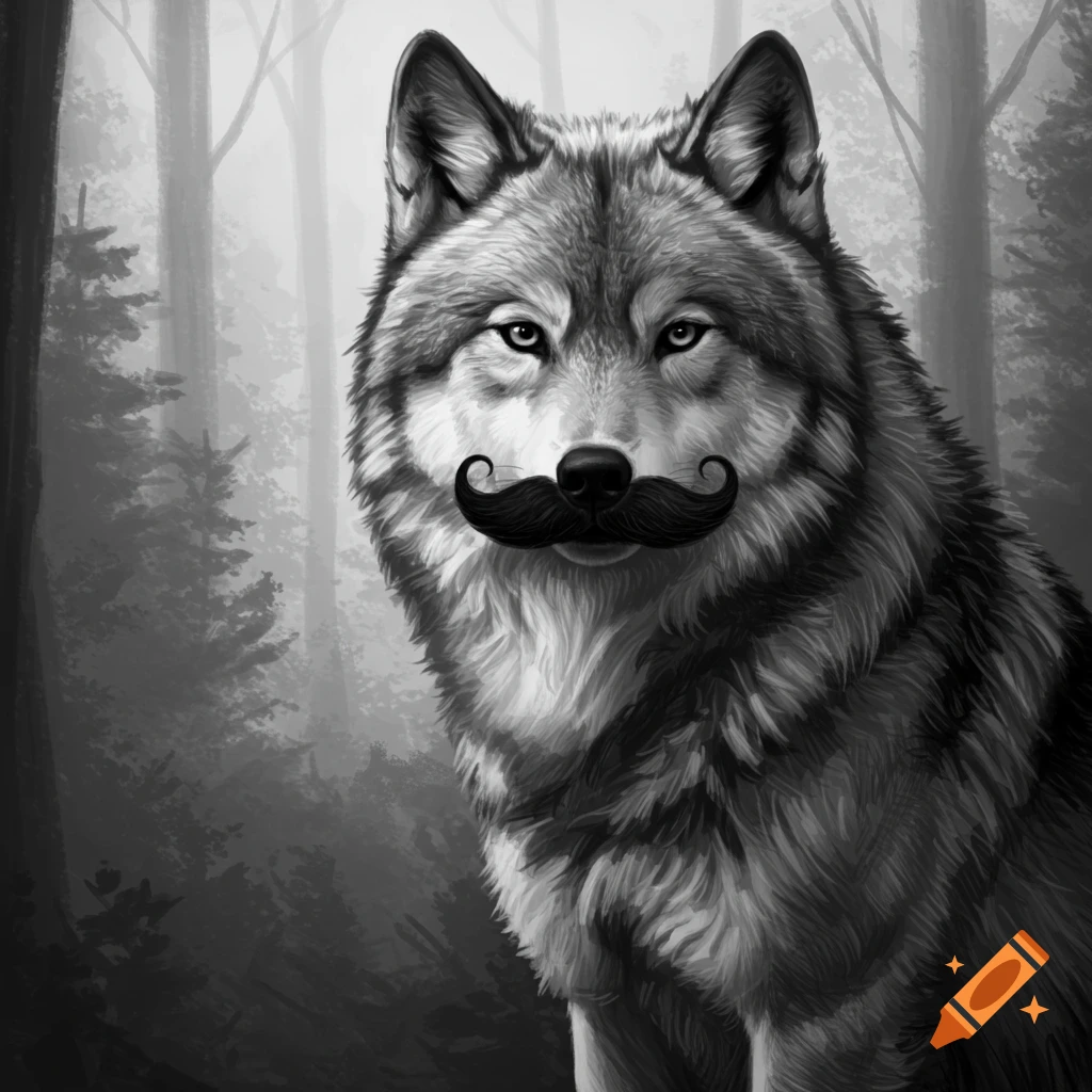 A monochromatic illustration of a wolf with a large, curled mustache standing in a foggy forest.