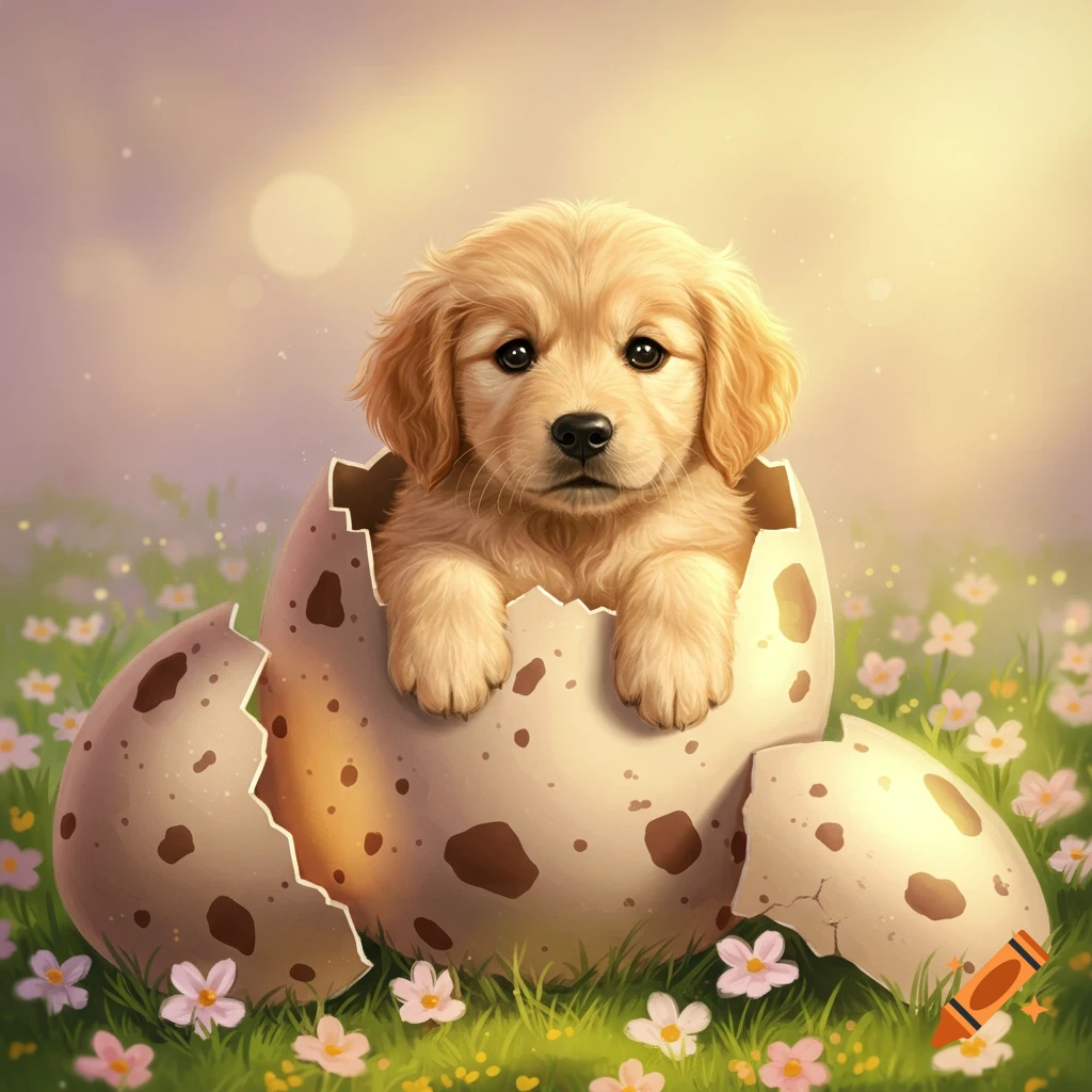 A cute golden retriever puppy peeks out from a cracked Easter egg in a grassy field with small pink and white flowers.