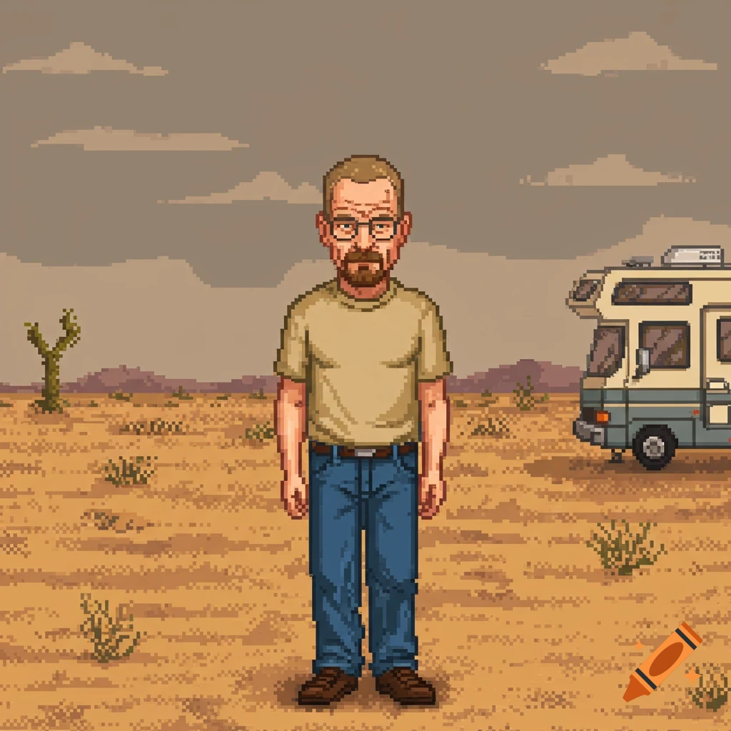 Pixel art of Walter White standing in a desert landscape next to an RV.