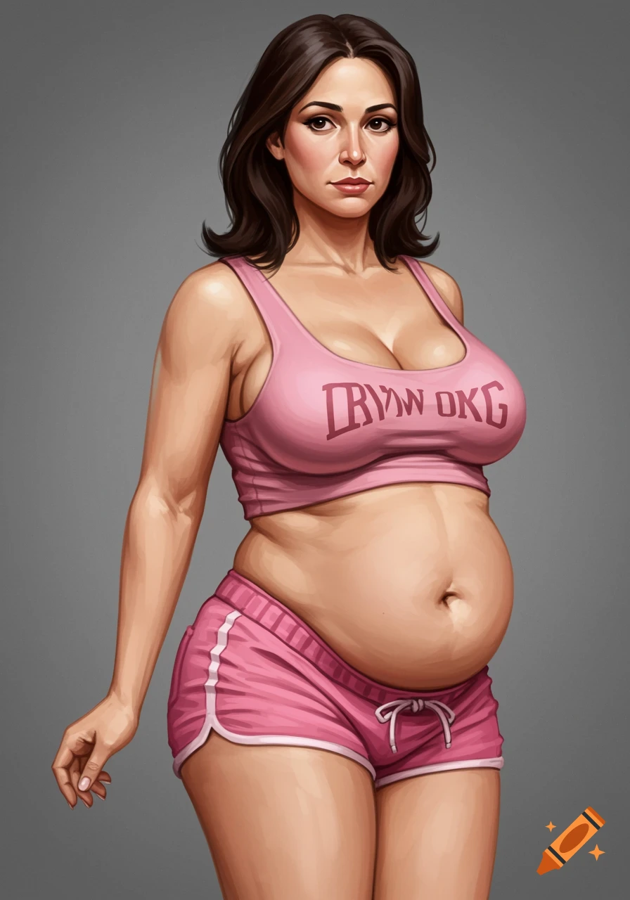 An illustrated portrait of a chubby woman with dark hair, wearing a pink crop top and pink shorts, against a grey background.