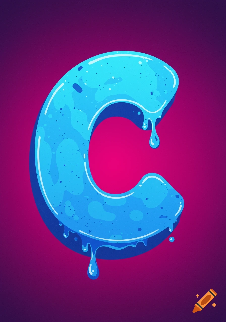 A large, stylized letter C rendered in dripping blue liquid with highlights, set against a vibrant magenta and purple gradient background.