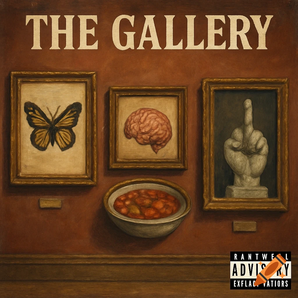 An album cover titled 'THE GALLERY' featuring framed paintings of a butterfly, a brain, a middle finger statue, and a bowl of stew, set against a brown wall with a Parental Advisory label.