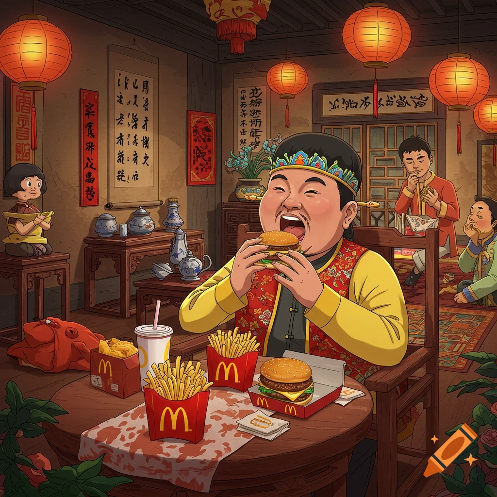 An illustration of a man enthusiastically eating a McDonald's burger and fries in a traditional Chinese home with lanterns and scrolls.