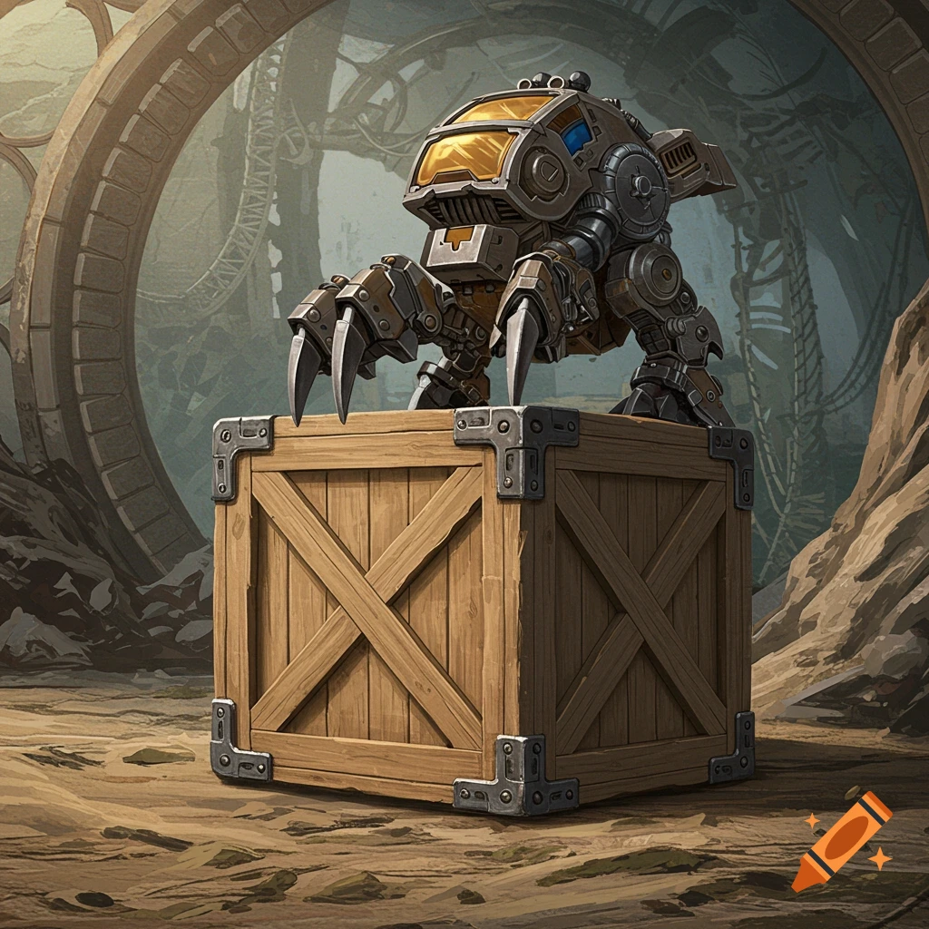 A detailed steampunk-style robot with large claws stands atop a wooden crate in an industrial, ruined setting.