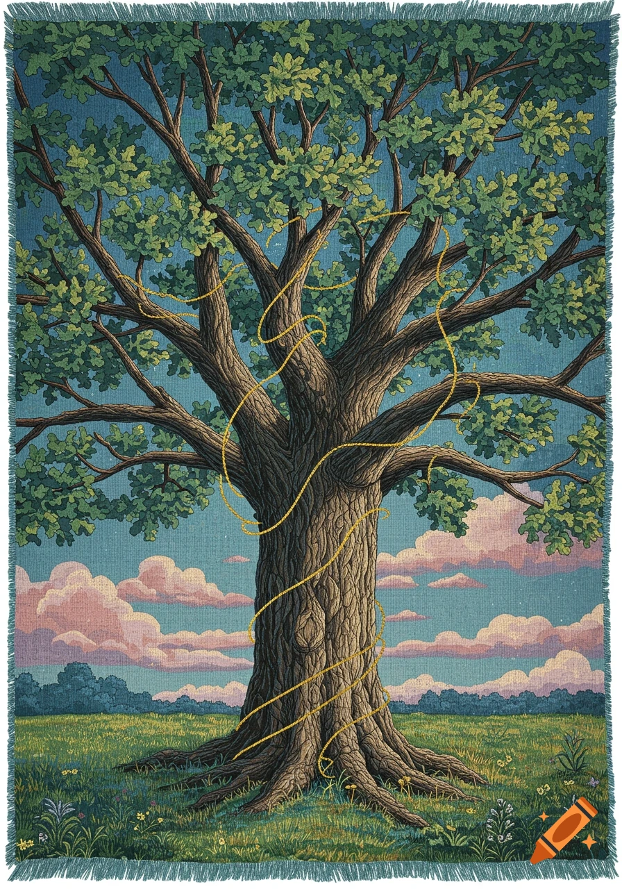 A vibrant tapestry depicts a large oak tree wrapped in shimmering gold thread, standing in a green field under a sky with pink clouds.