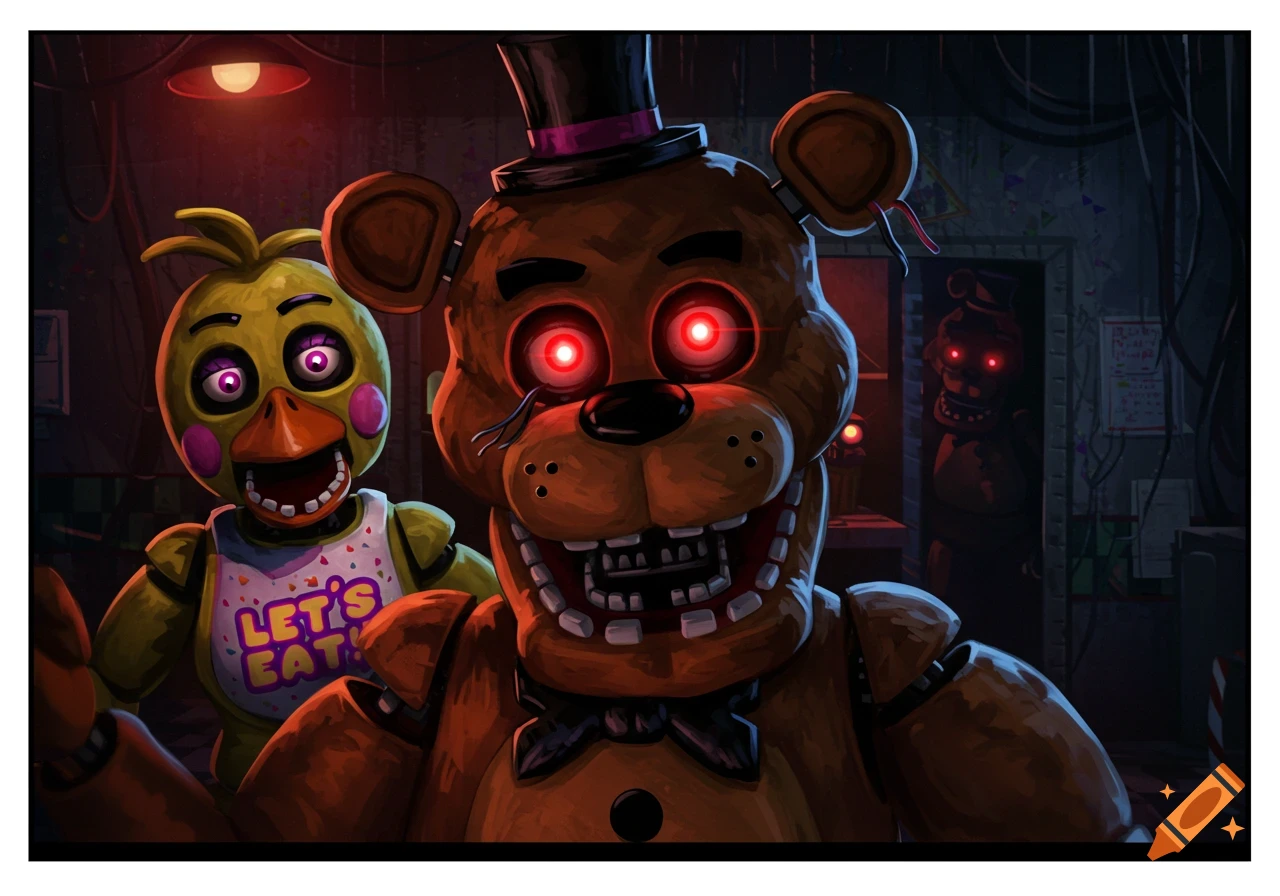 Freddy Fazbear and Chica animatronics with glowing red eyes in a dark, eerie room.