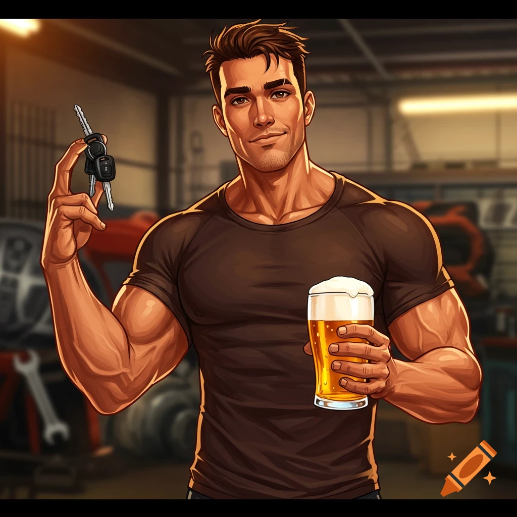 An illustrated buff man in a garage holding car keys and a glass of beer.