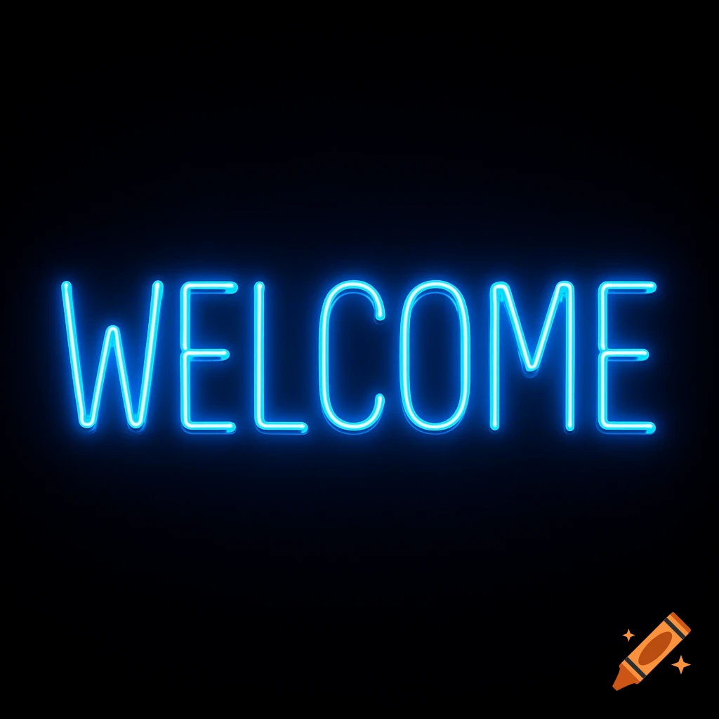 Bright blue neon sign displaying the word 'WELCOME' on a black background.