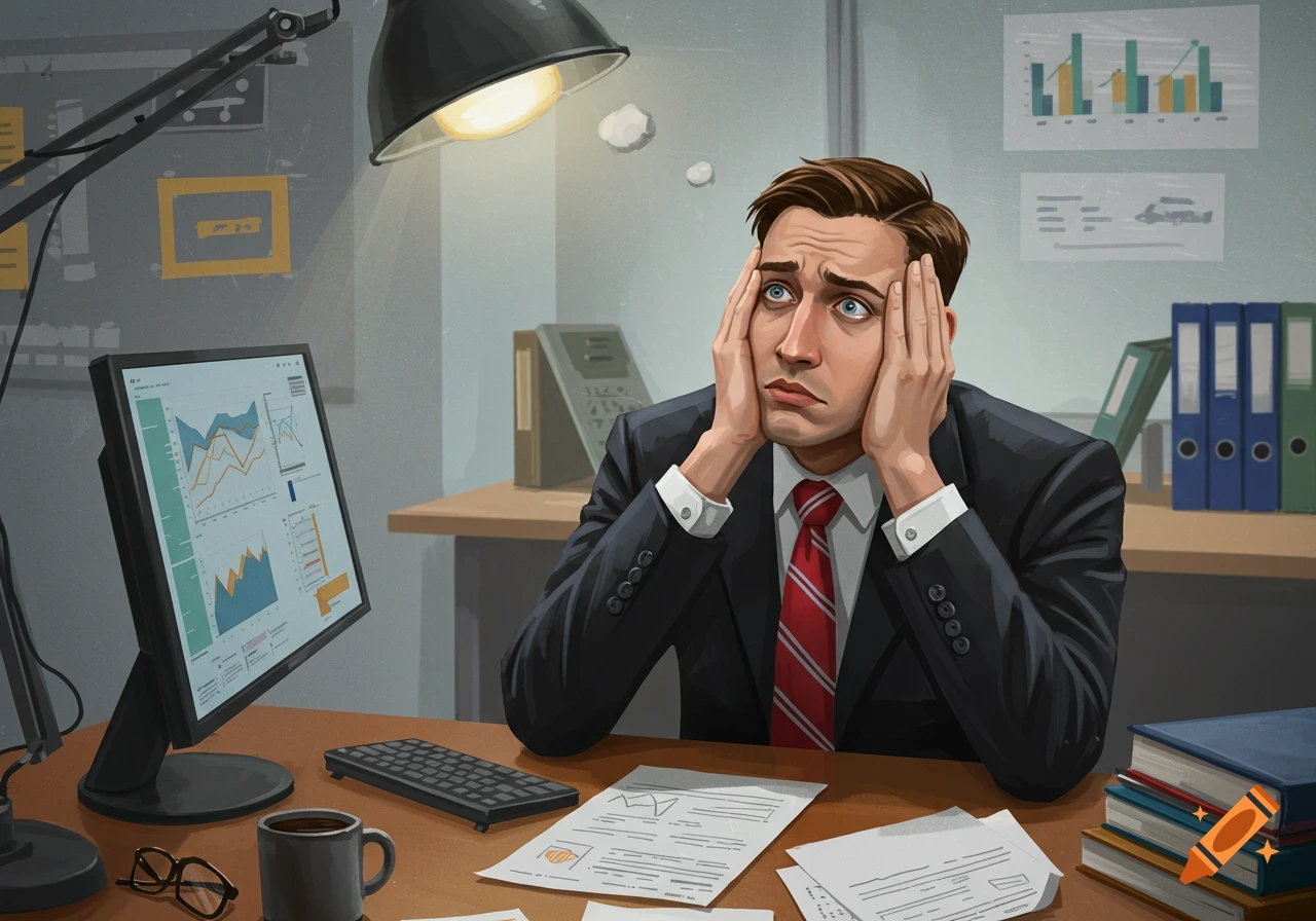 A stressed man in a suit sits at an office desk, looking overwhelmed by work, with charts on his monitor.