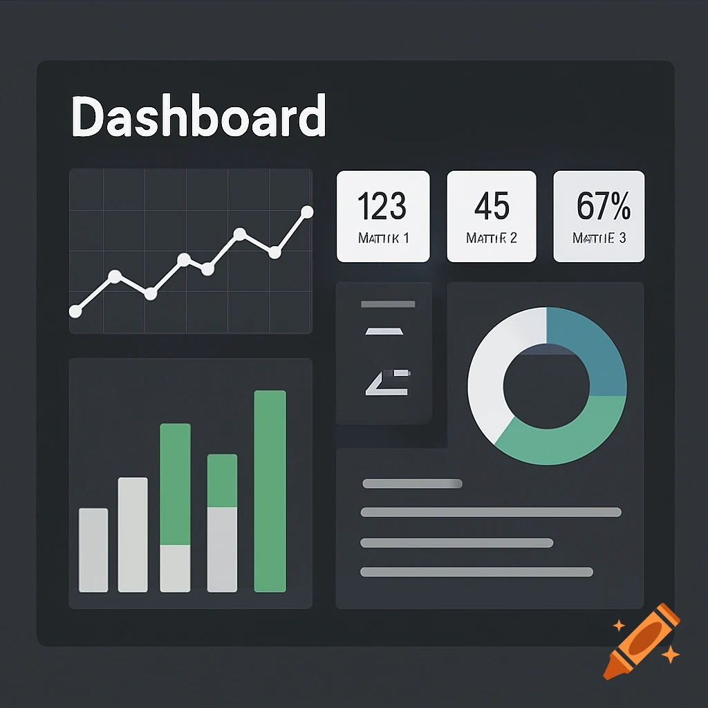A dark-themed digital dashboard display with various charts, including a line graph, bar charts, and a donut chart, along with numeric data.