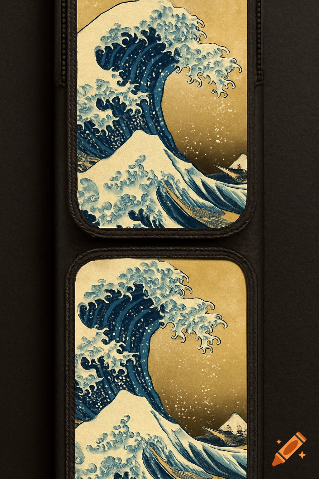 A stylized depiction of Hokusai's Great Wave off Kanagawa split across two rectangular sections on a dark pool cue case.