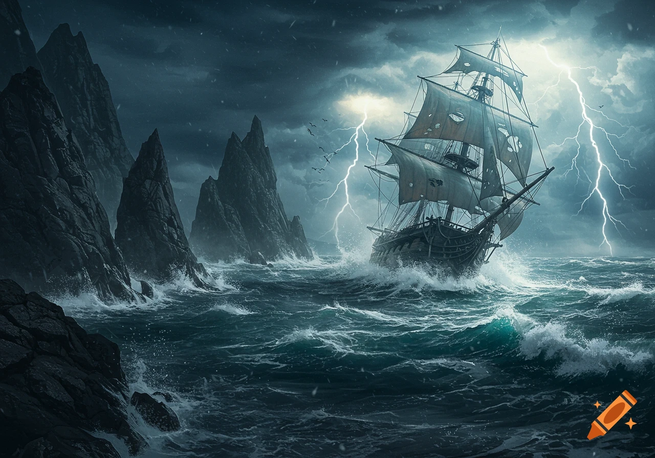 A tall ship battles high waves during a violent lightning storm near jagged rock formations.