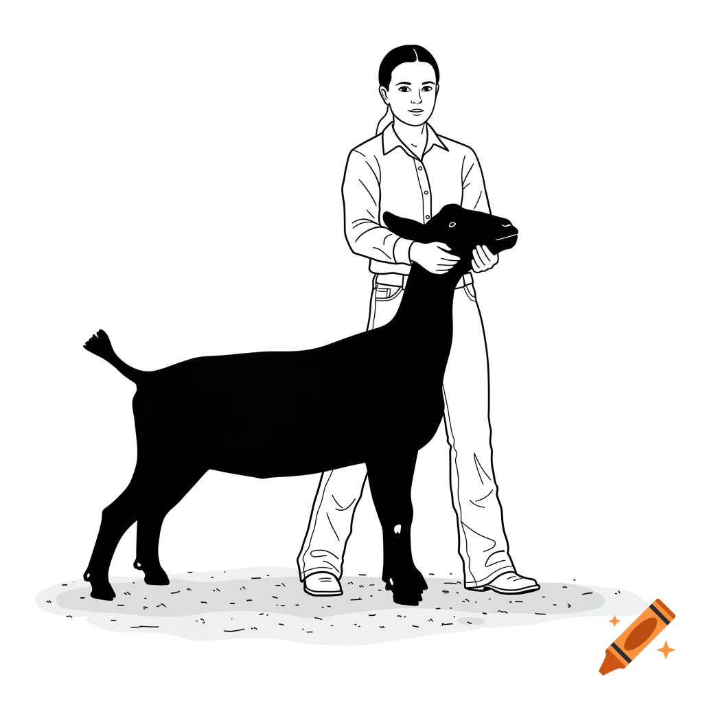 Black and white outline illustration of a teenage girl holding a black silhouette goat in a show pose.