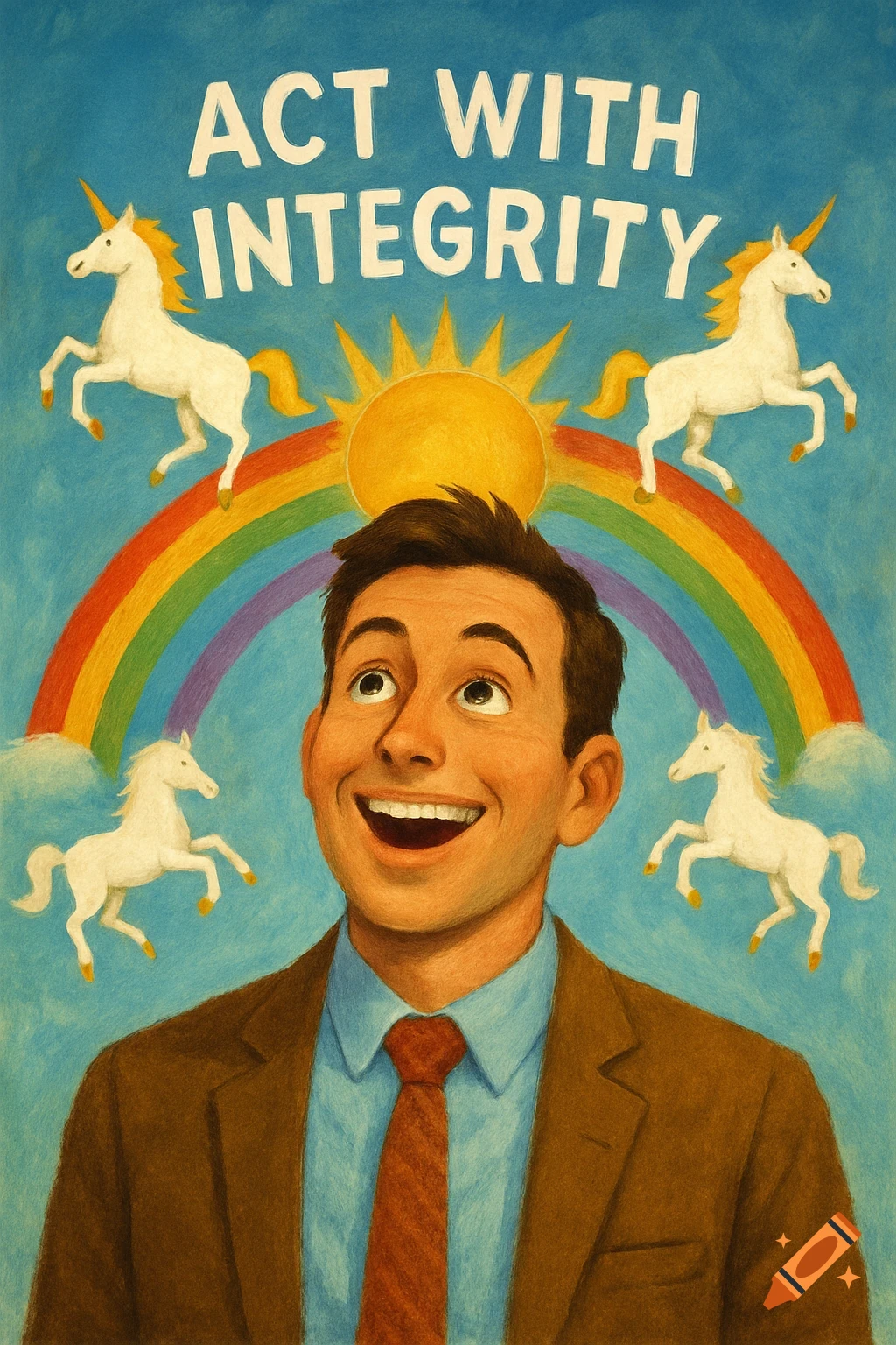 A cheerful man smiles beneath a rainbow, sun, unicorns, and the words "ACT WITH INTEGRITY" in a vibrant illustration style.