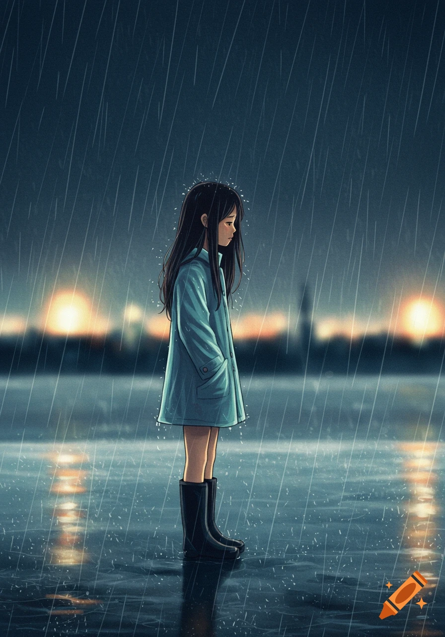 Anime illustration of a sad girl in a blue coat and rain boots, standing alone in the rain with city lights reflecting on the wet ground.