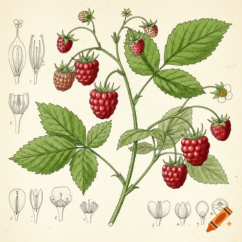 A vintage botanical illustration of a raspberry and strawberry plant with leaves, berries, and detailed anatomical diagrams.