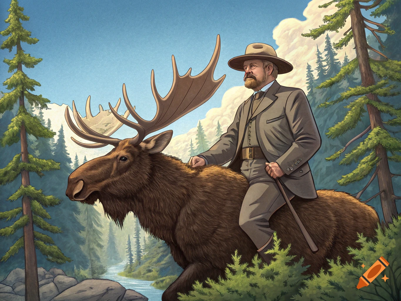 An illustration of Theodore Roosevelt riding a large moose through a forest with a river.