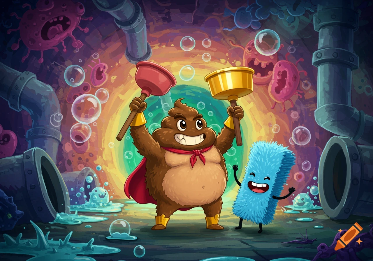A cartoon poop monster superhero holds a plunger and golden bowl, with a happy blue toilet brush sidekick in a colorful sewer.