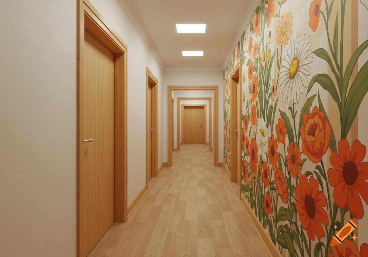 A long hallway with light wood doors, light wood flooring, and a vibrant 70s-inspired floral mural on the right wall.