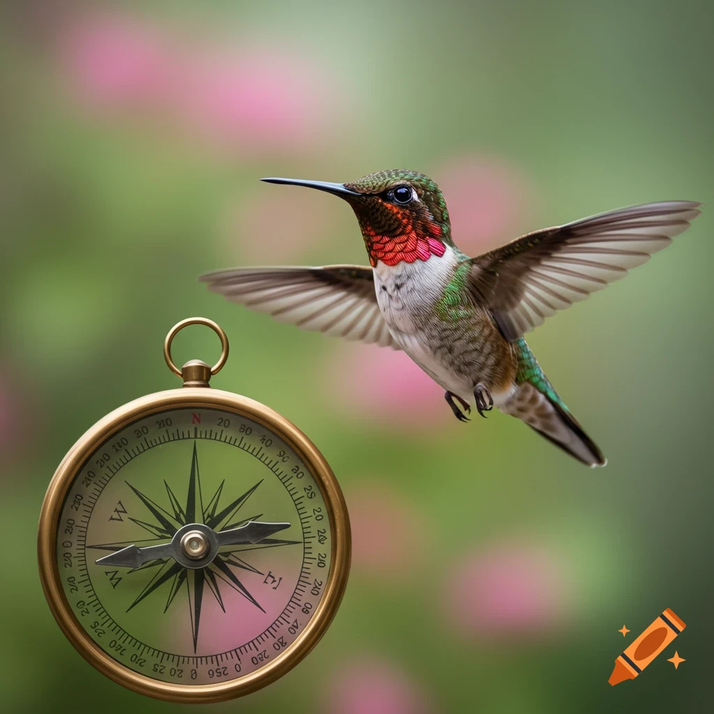 A vibrant hummingbird in flight next to a vintage brass compass, set against a soft, blurred green and pink background.