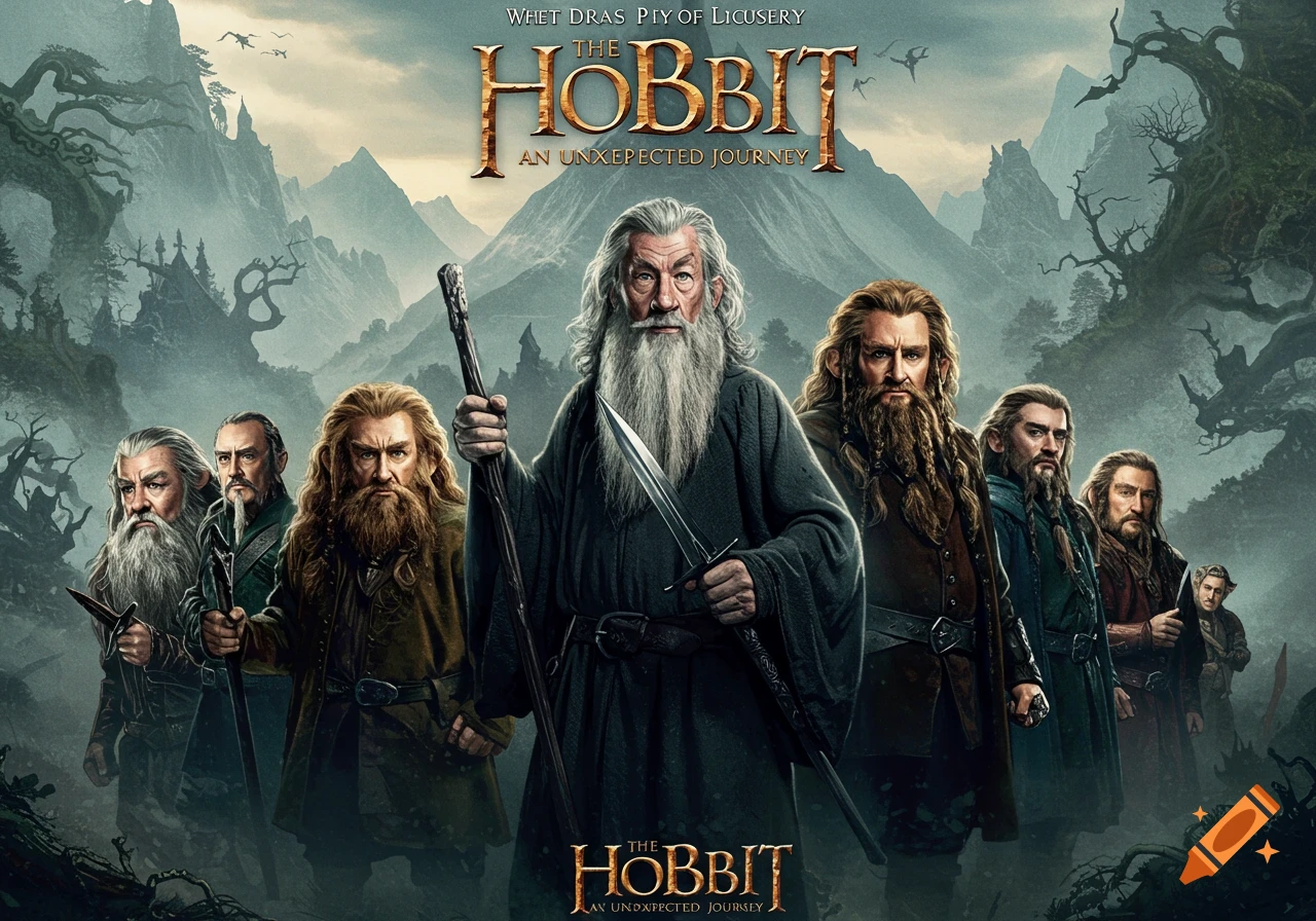 Gandalf and a group of bearded dwarves stand in a mountain landscape, holding weapons, resembling a movie poster for The Hobbit.