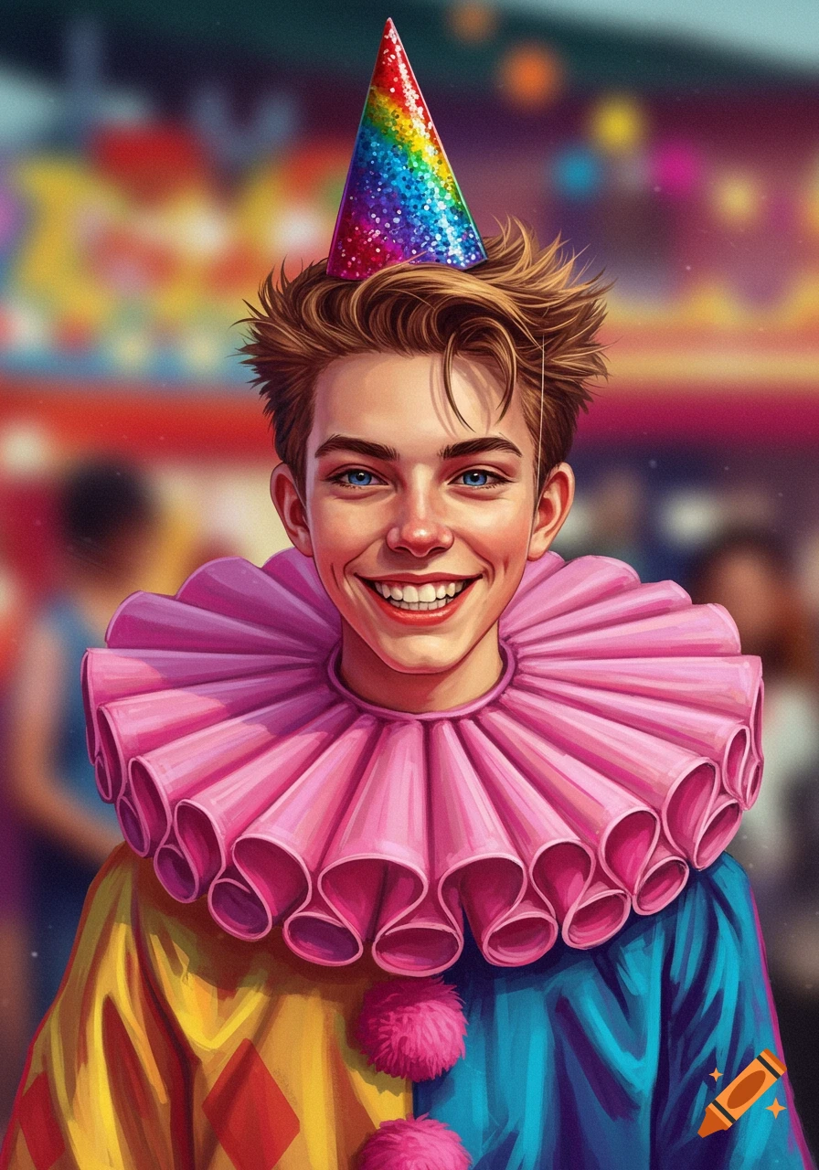 A smiling teenage boy wearing a colorful clown outfit, a large pink ruffled collar, and a rainbow glitter party hat.