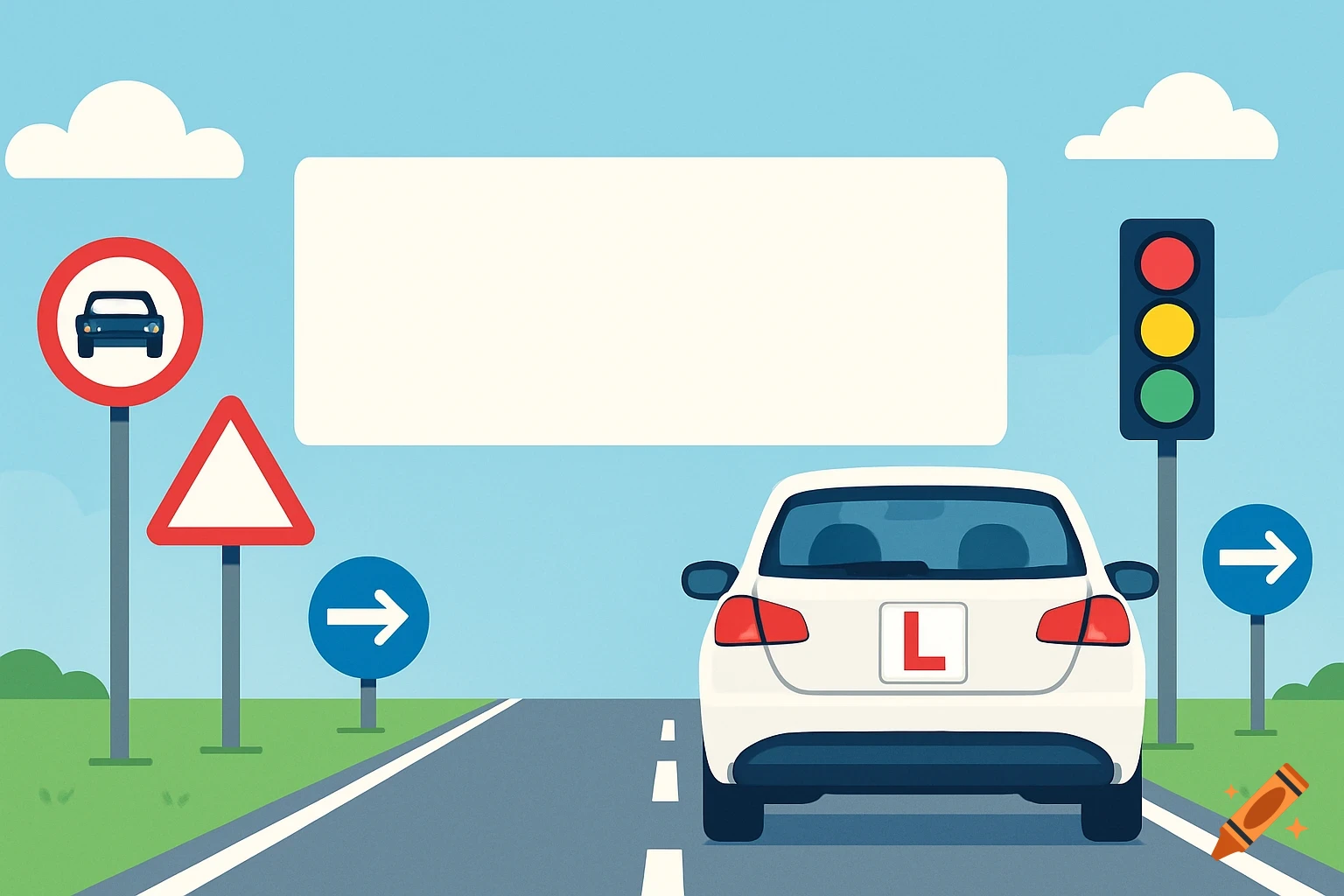 A clean, modern illustration of a white learner driver car with an L plate on a road, surrounded by traffic signs, a stoplight, and a large blank banner for text under a blue sky.