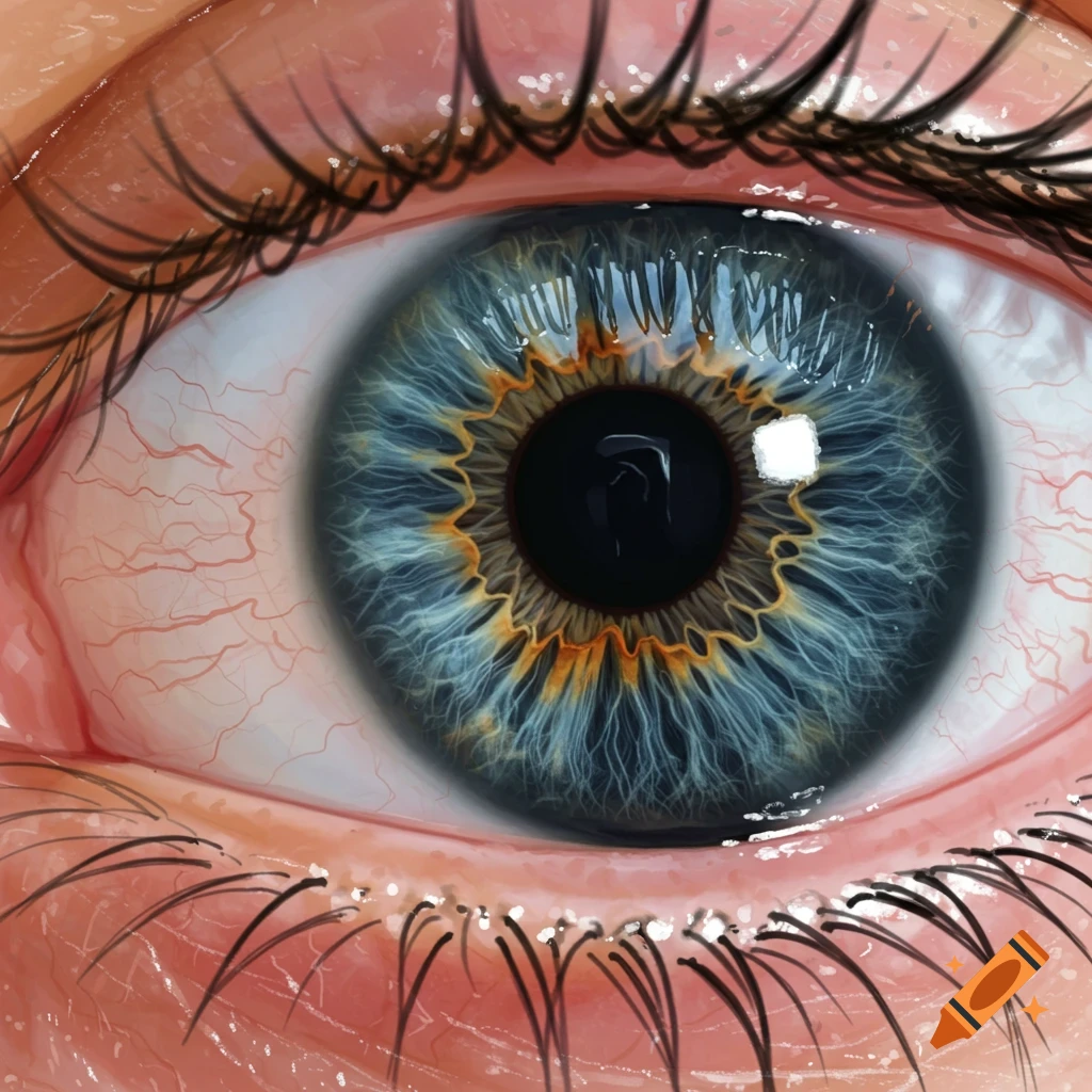 Detailed macro shot of a human eye with a blue and brown iris, visible blood vessels, and long eyelashes.