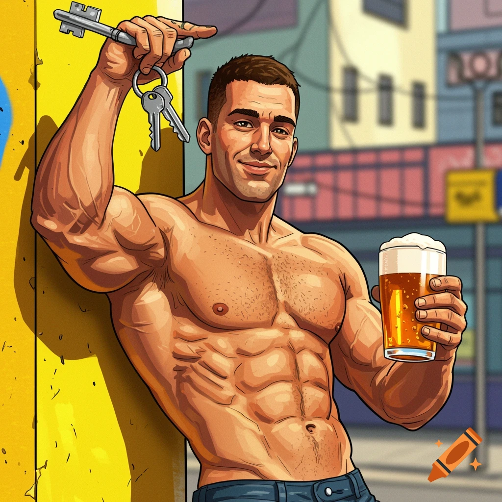 Muscular man in cartoon style swinging keys on finger and holding a beer, leaning against a yellow wall in an urban setting.