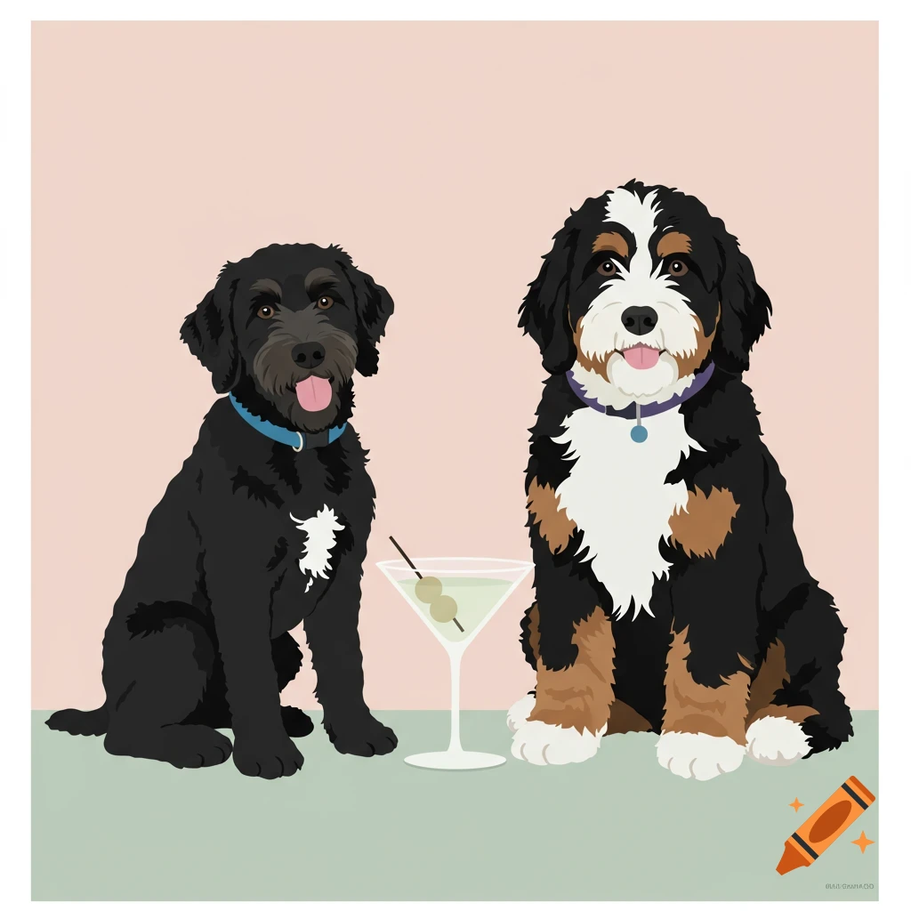Two cartoon dogs, a black Labradoodle and a Bernedoodle, sit beside a martini glass with olives on a pastel background.