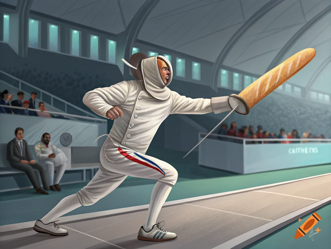 A man in a fencing suit lunges forward, wielding a baguette instead of a sword, in an indoor fencing arena.