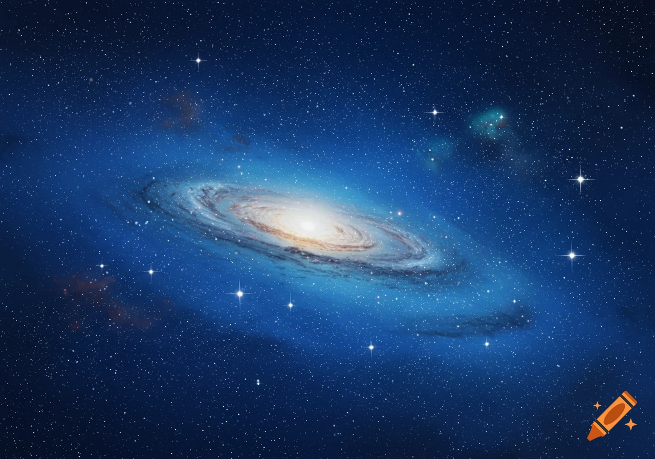 A vibrant blue and white spiral galaxy with a bright core, surrounded by countless stars in a deep blue space.