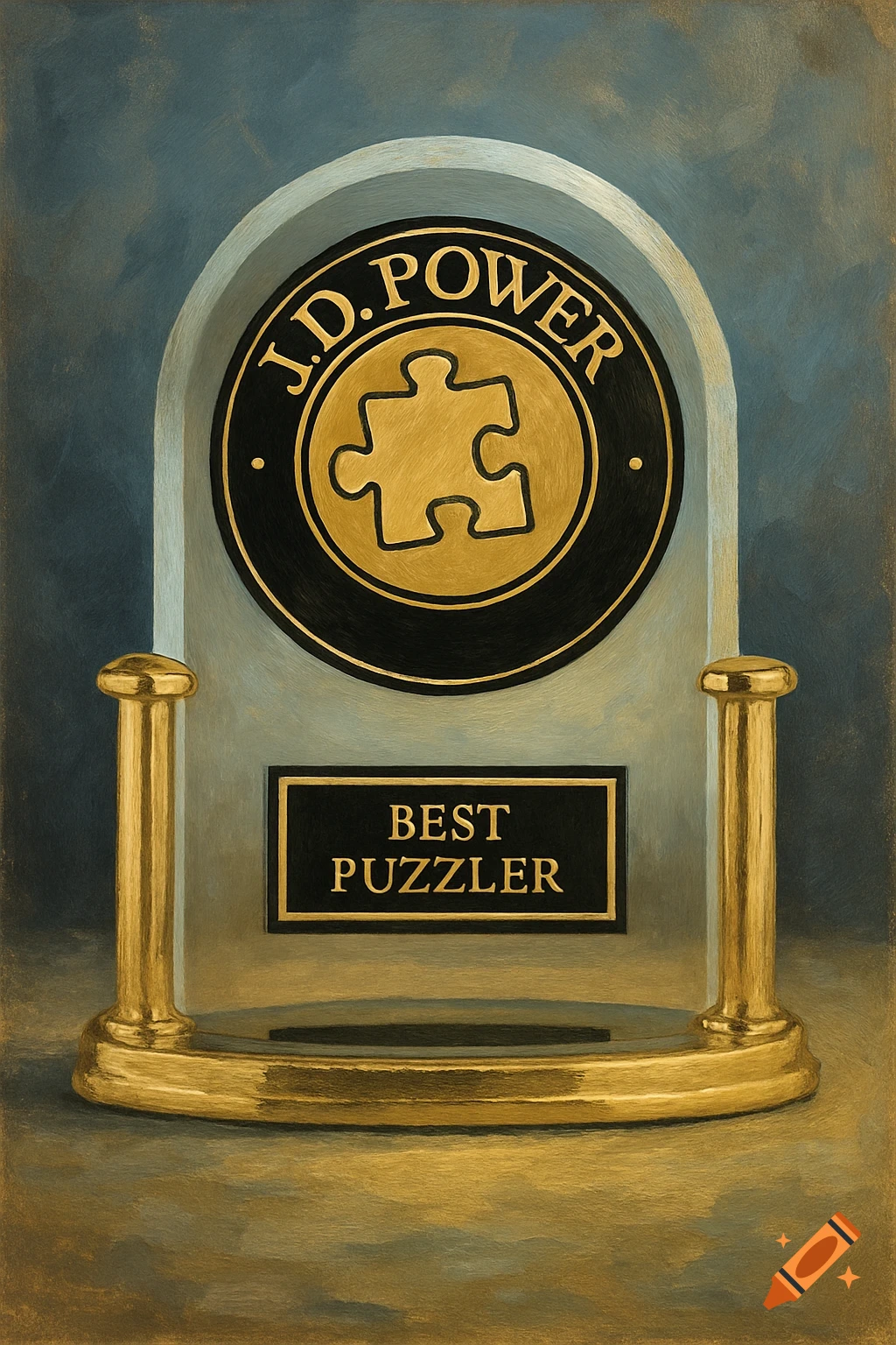 A gold and black J.D. Power award for Best Puzzler, depicted in a painterly style.