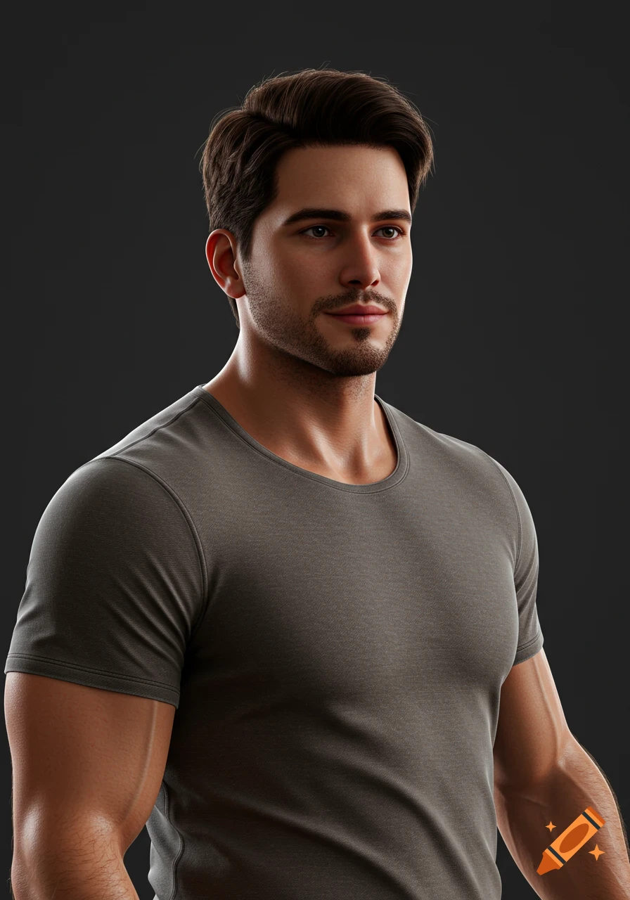 A photorealistic portrait of a handsome man with dark hair and a beard wearing a gray t-shirt.