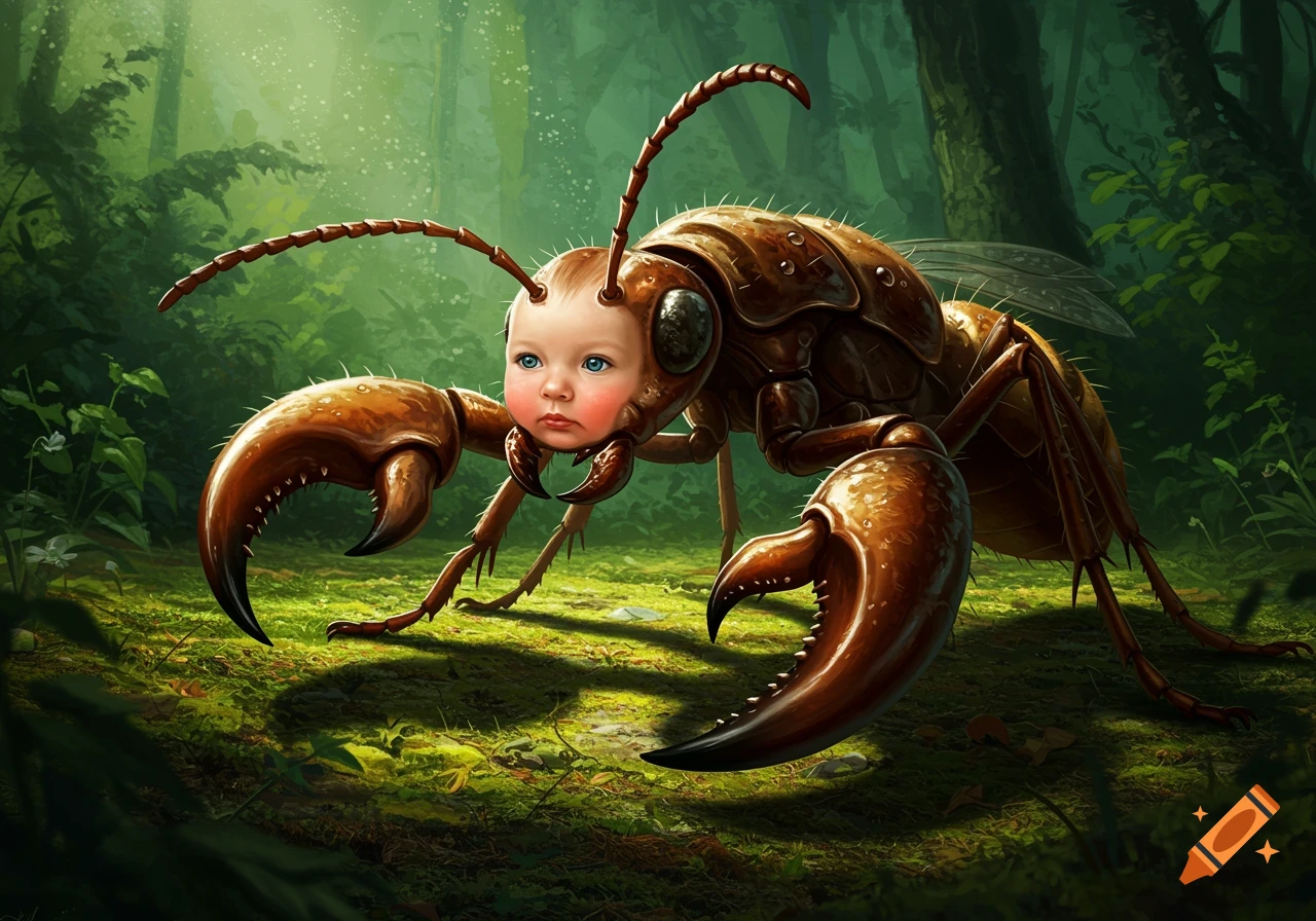 A surreal image of a large, brown, ant-like insect with a human baby's head and large pincers, in a lush green forest.