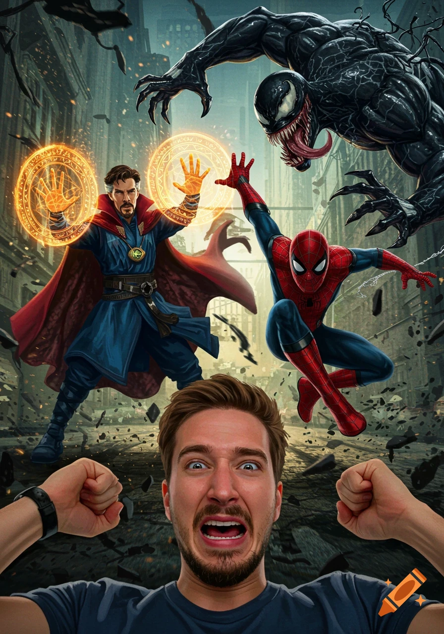 Comic book illustration of Doctor Strange, Spider-Man, and Venom attacking, while a person in the foreground reacts with fear.